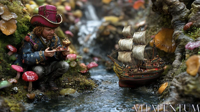 Pirate's Fantasy World with Model Ship AI Image