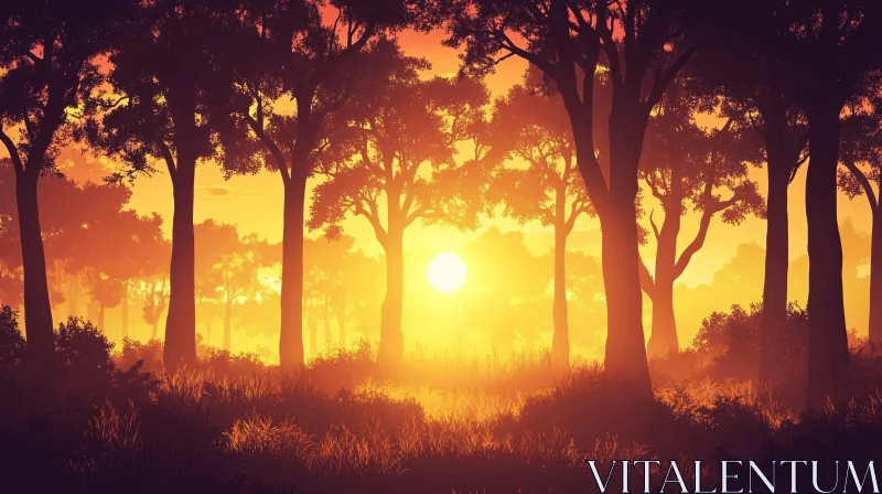 Golden Sunlight in Forest at Sunset AI Image