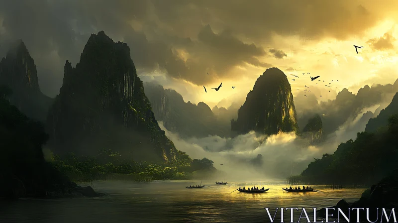 Golden Sunlight over Misty Mountains AI Image