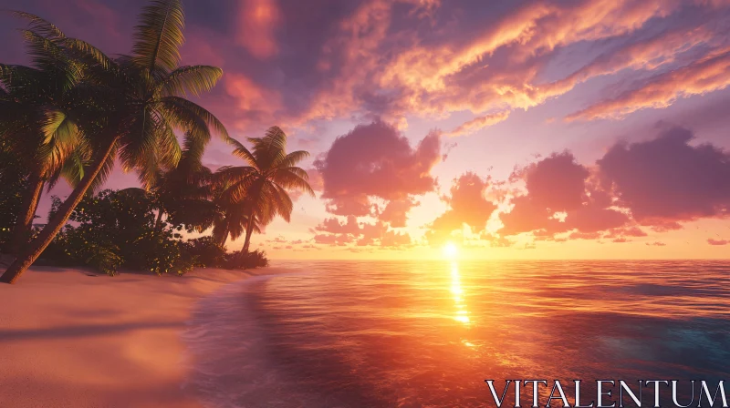 Sunset Beach with Palm Trees and Golden Sky AI Image