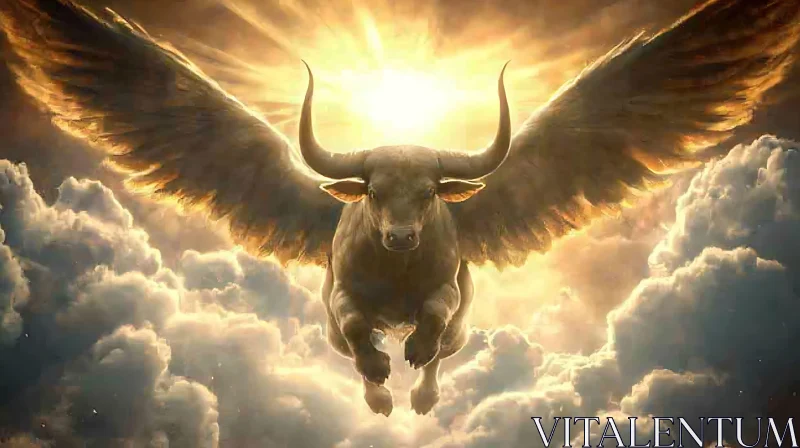 Mythical Bull with Angelic Wings in Sky AI Image