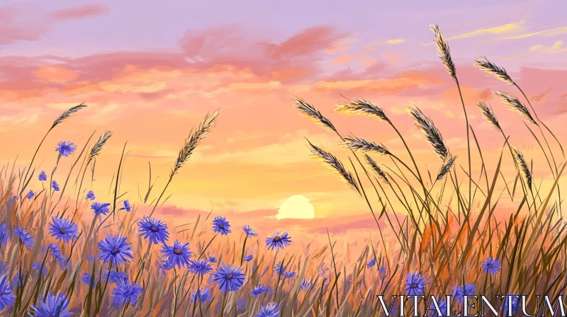 Golden Wheat and Blue Flowers under a Sunset Sky AI Image