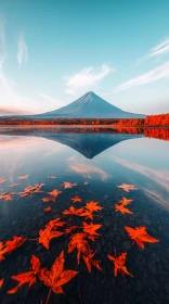 Autumn Leaves Float on Tranquil Lake Reflecting Grand Mountain