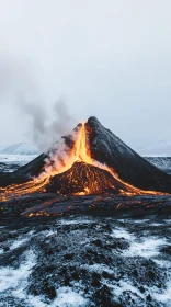 Volcano Eruption Amidst Snow-Covered Terrain