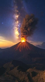 Volcano Eruption Under Starry Milky Way