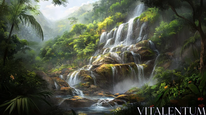 AI ART Serene Cascading Waterfall in Lush Greenery