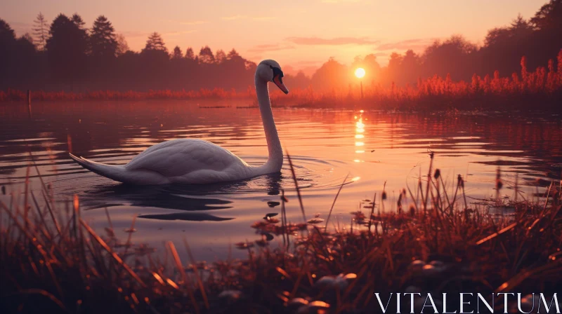 Graceful White Swan on a Lake at Sunset - English Countryside AI Image