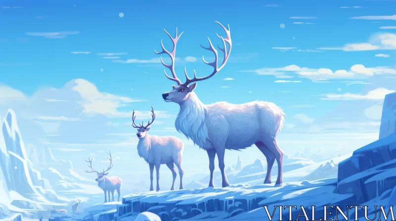 Surrealistic Mountainside Scene with Deer on Frozen Pond AI Image
