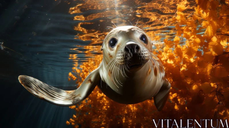 Underwater Seal Journey Surrounded by Orange Kelp AI Image