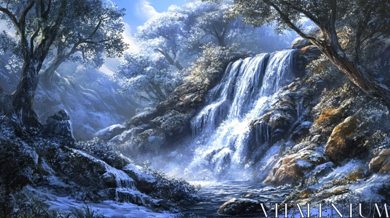 AI ART Peaceful Snowy Forest Waterfall