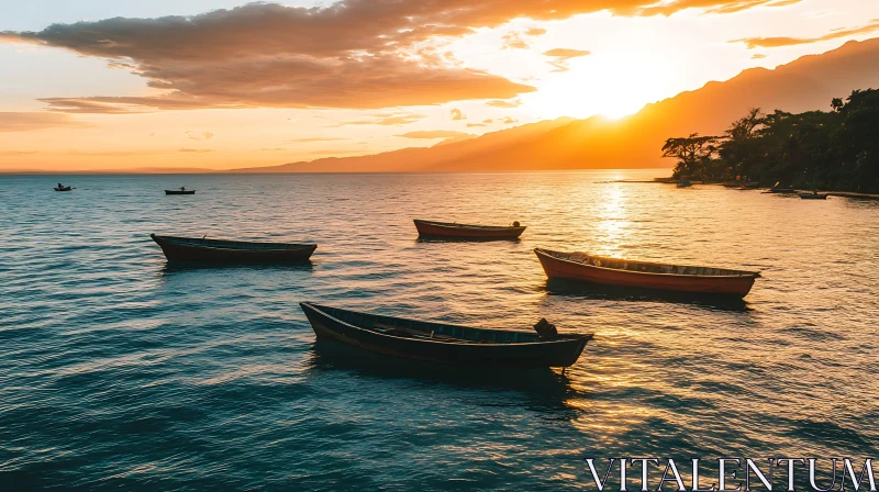 Serene Sunset with Boats on Lake AI Image