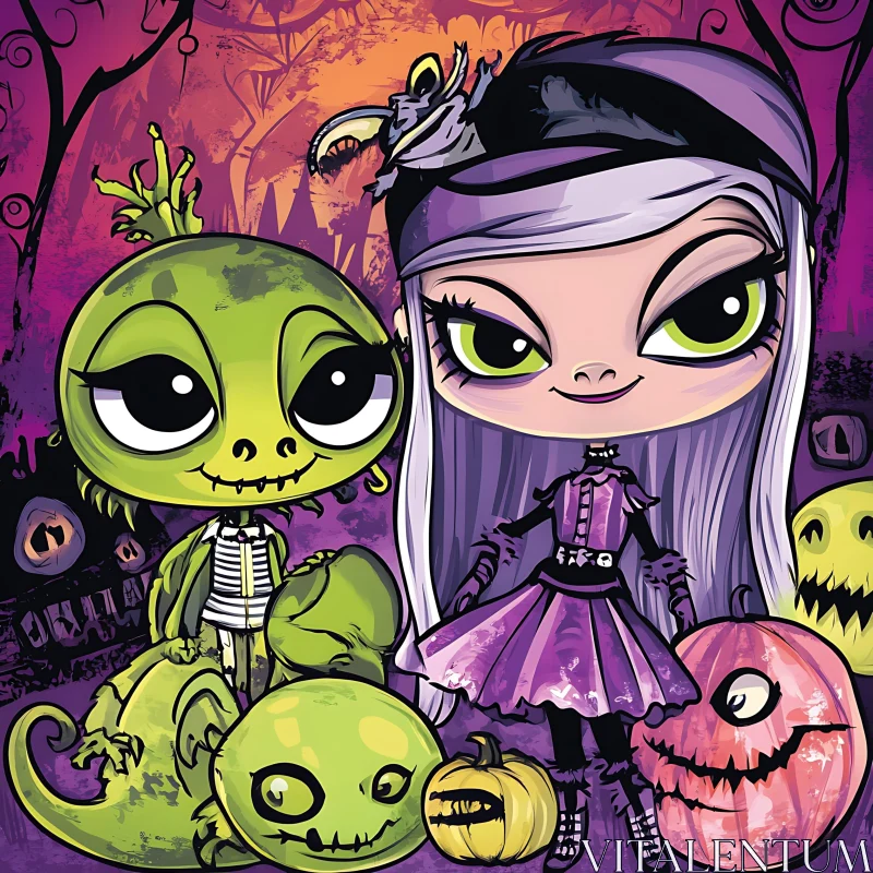 AI ART Gothic Cartoon Character and Reptilian Friend Amidst Halloween Pumpkins