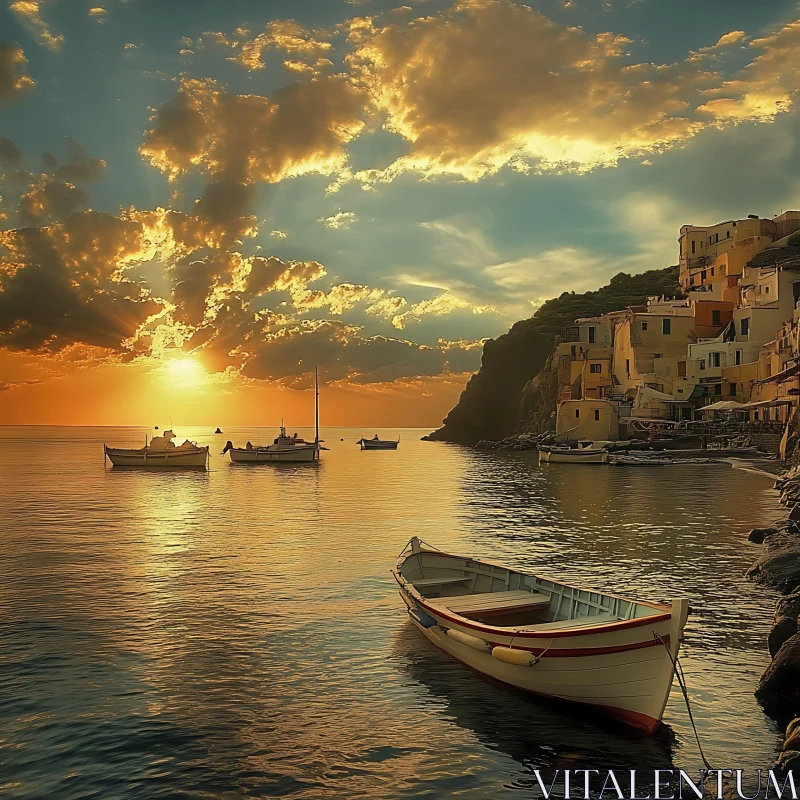 Golden Sunset Over Coastal Village and Sea AI Image