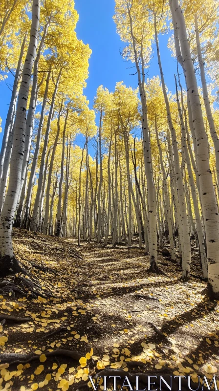 Autumn Forest Filled with Yellow Leaves under Blue Sky AI Image