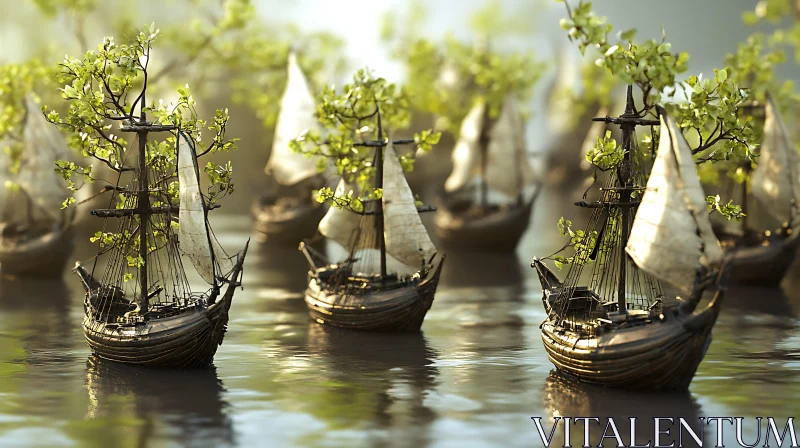 Fantasy Ships Blending Nature and Maritime Elements AI Image