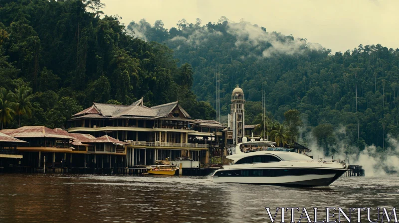 Tranquil Jungle River with Modern Vessel AI Image