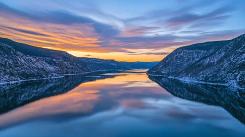 Sunset Over Snowy Mountains and Reflective Lake