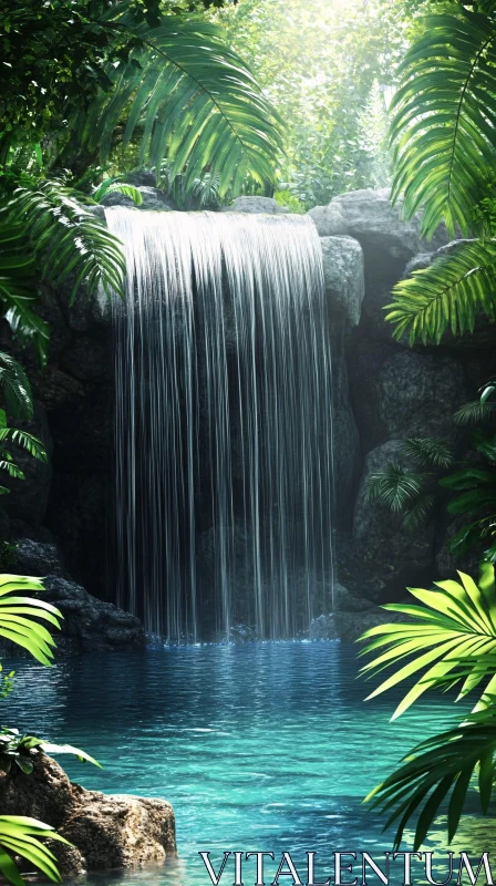 AI ART Tropical Waterfall Surrounded by Green Foliage