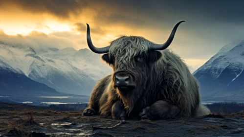 Atmospheric Portrait of Highland Bovine Amidst Majestic Mountains
