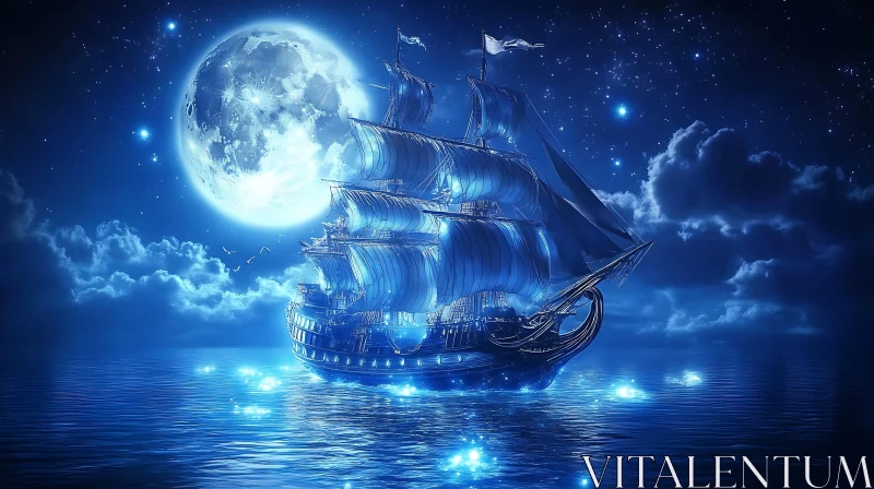 Moonlit Voyage on the Ocean - Full Moon and Sailing Ship AI Image