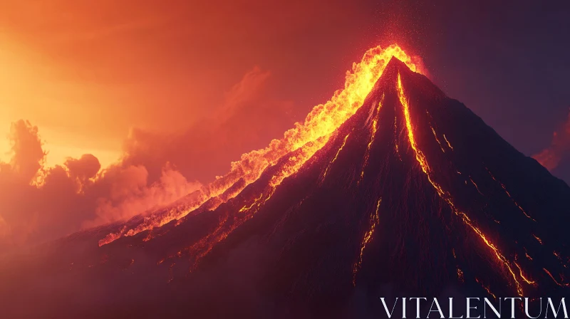 AI ART Volcano Eruption with Flowing Lava at Dusk