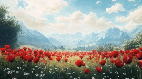 Picturesque Field of Poppies Against Mountain Vista