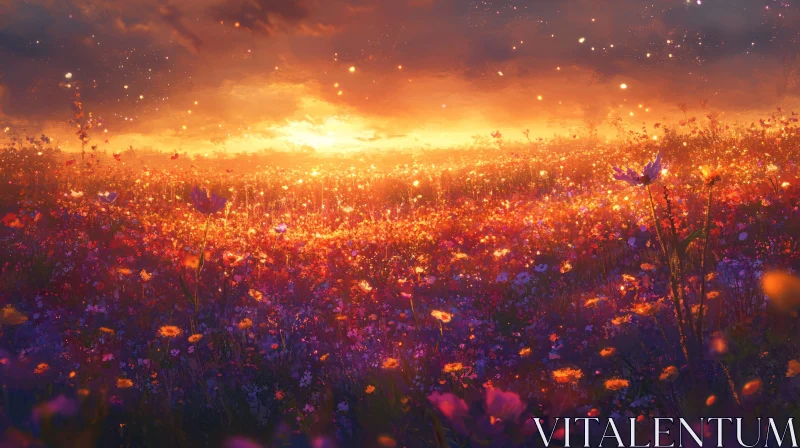 AI ART Golden Sunset and Blooming Flowers