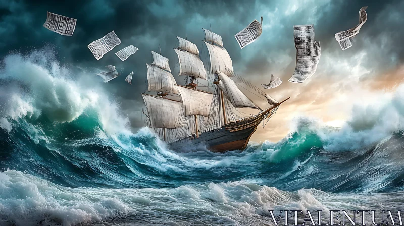 Sailing Vessel in a Turbulent Sea AI Image