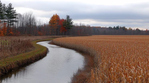 Autumn Stream Through Golden Field