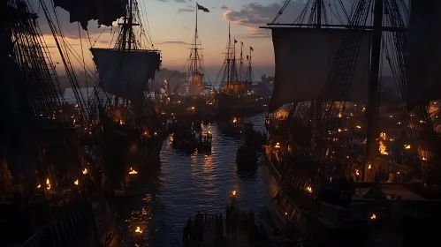 Twilight Harbor Séance with Illuminated Ships
