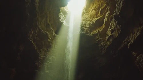 Cascading Waterfall with Sunlight in Cave