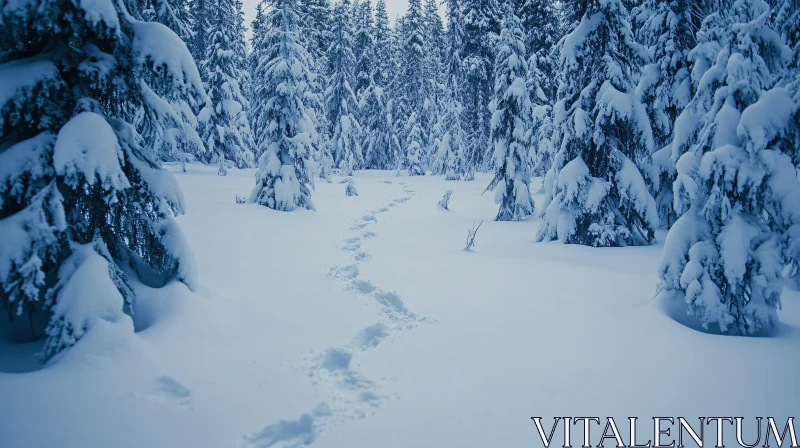 AI ART Tranquil Snowy Forest with Footprints