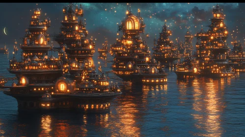 Mystical Night Scene with Floating City