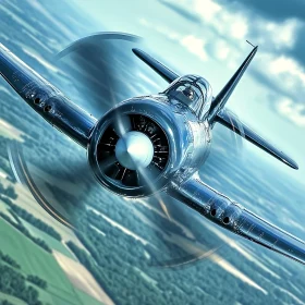 Propeller Airplane Soaring Above Fields