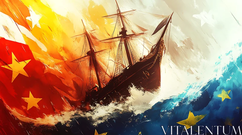 AI ART Ship Sailing Through Abstract Flags of China and EU