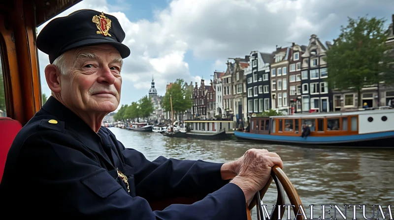 AI ART Senior Boat Captain Navigating Canal with European Architecture