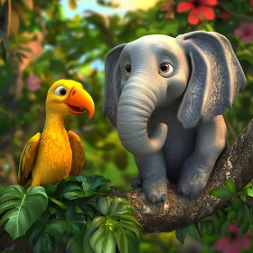 Cute Animated Elephant and Bird