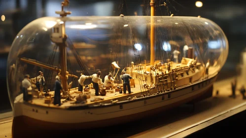 Detailed Model Ship with Miniature Sailors in a Bottle
