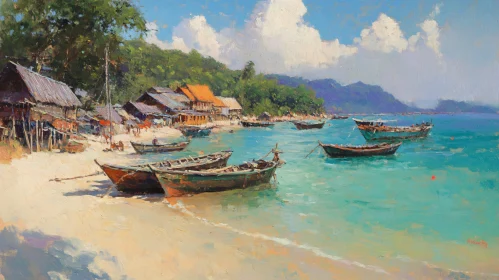 Tranquil Seaside Scene with Wooden Boats and Coastal Village