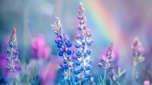 Lupine Flowers with Pastel Hues and Rainbow