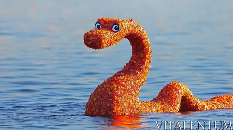 AI ART Playful Orange Leaf Serpent Sculpture in Lake