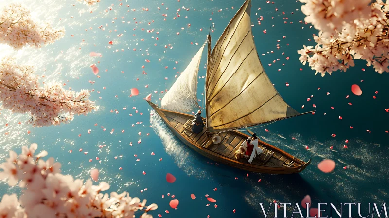 Spring Sailboat Surrounded by Cherry Blooms