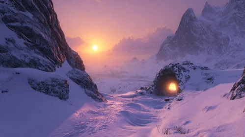 Snow-Covered Mountains at Sunset with Lit Cave