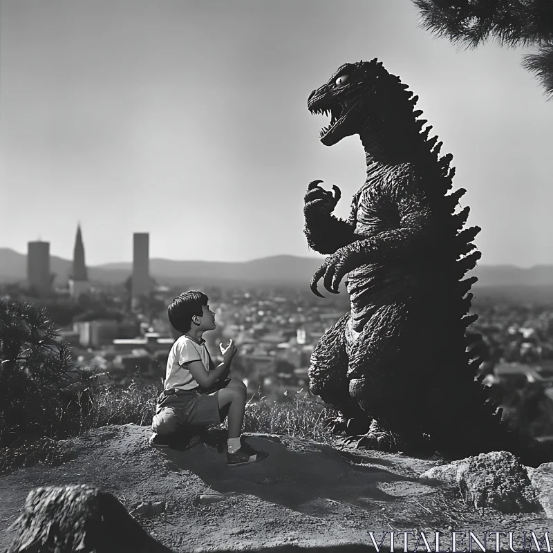 AI ART Surreal Encounter Between Child and Monster in City