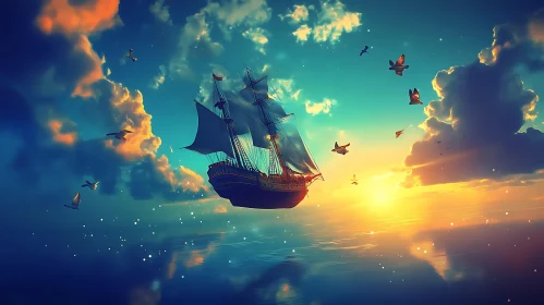 Magical Ship at Sunset with Flying Birds