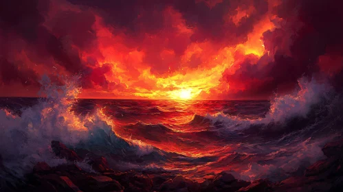 Fiery Sunset and Ocean Waves