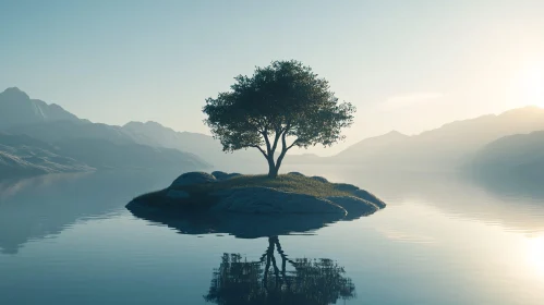 Sunrise Over a Serene Lake Island