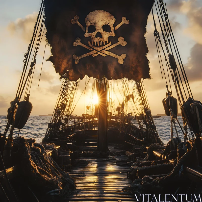 Pirate Ship Sailing at Sunset