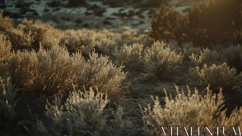 Sunlit Bushes in Desert Landscape at Dusk