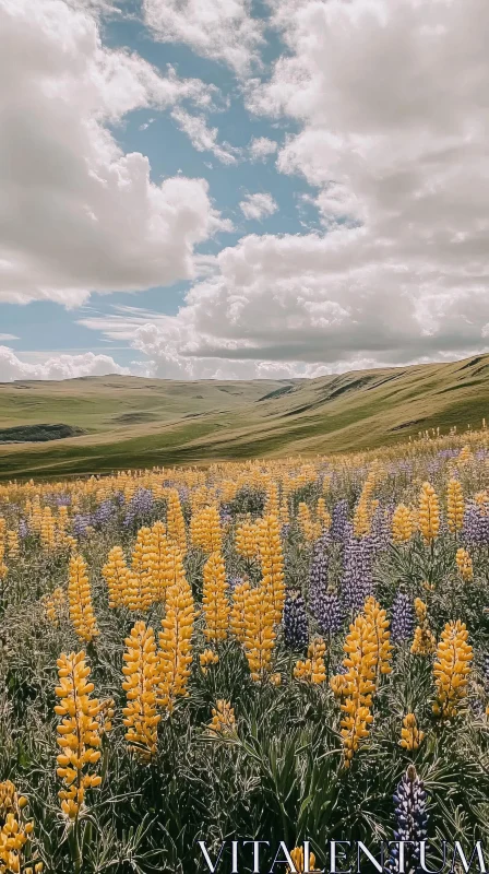 AI ART Scenic Lupine Field with Rolling Hills and Blue Sky